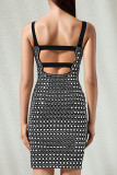 Black Sexy Solid Color Patchwork Backless Hot Drill Sling Dresses