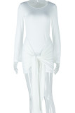 White Casual Solid Color Patchwork Strap Design O Neck Wrapped Skirt Dresses