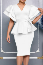 White Elegant Solid Color Slit Strap Design Ruffled Trim V Neck Evening Dresses