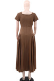 Coffee Elegant Solid Color Patchwork Asymmetrical Collar Long Dresses