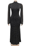 Black Elegant Solid Color Patchwork Hot Drill O Neck Long Dresses