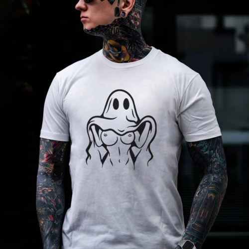 White NAUGHTY GHOST SEXY BOOBS PRINTED MEN'S T-SHIRT