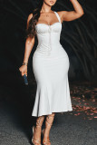 Black Elegant Solid Color Patchwork Backless Sling Dresses