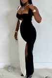 Black White Sexy Hollow Out Patchwork Contrast Long Dresses