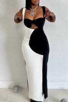 Black White Sexy Hollow Out Patchwork Contrast Long Dresses