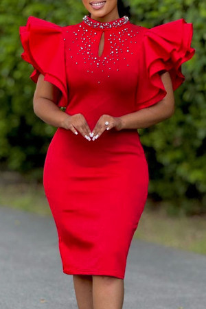 Red Elegant Solid Color Patchwork Pearls Decor O Neck Wrapped Skirt Dresses