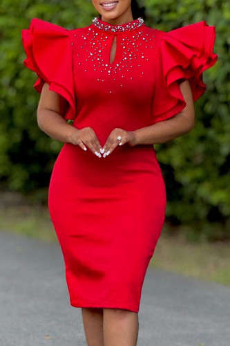 Red Elegant Solid Color Patchwork Pearls Decor O Neck Wrapped Skirt Dresses