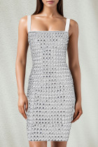 White Sexy Solid Color Patchwork Backless Hot Drill Sling Dresses