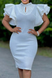 Green Elegant Solid Color Patchwork Pearls Decor O Neck Wrapped Skirt Dresses