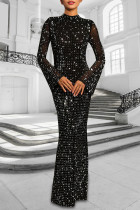 Black Elegant Solid Color Patchwork Hot Drill O Neck Long Dresses