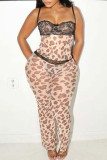 Dark Brown Casual Leopard Print Lace Patchwork Backless Spaghetti Strap Two Pieces