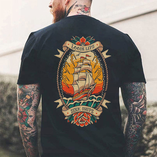 Black LOOSE LIPS SINK SHIPS PRINTED MEN'S T-SHIRT