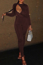Dark Brown Casual Solid Color Hollow Out Patchwork O Neck Skinny Jumpsuits