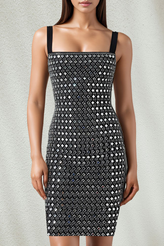 Black Sexy Solid Color Patchwork Backless Hot Drill Sling Dresses
