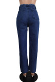 Deep Blue Sexy Casual Solid Color Ripped Hollow Out Pocket Chains Skinny Mid Waist Patchwork Bottoms