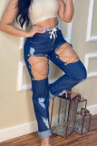 Deep Blue Sexy Casual Solid Color Ripped Hollow Out Pocket Chains Skinny Mid Waist Patchwork Bottoms