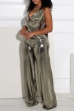 Silver Sexy Casual Solid Color Backless Belted Halter Regular Jumpsuits