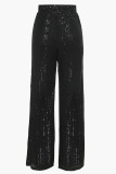 Black Casual Solid Color Sequins Patchwork Loose Mid Waist Wide Leg Patchwork Bottoms