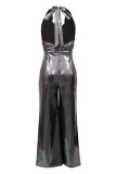 Silver Sexy Casual Solid Color Backless Belted Halter Regular Jumpsuits
