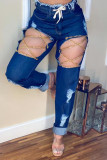 Deep Blue Sexy Casual Solid Color Ripped Hollow Out Pocket Chains Skinny Mid Waist Patchwork Bottoms