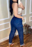 Deep Blue Sexy Casual Solid Color Ripped Hollow Out Pocket Chains Skinny Mid Waist Patchwork Bottoms