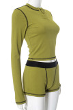 Green Casual Buttons Patchwork Contrast O Neck Long Sleeve Two Pieces