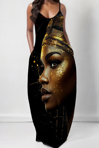 Black Gold Casual Print Pocket Patchwork Spaghetti Strap Sling Dresses
