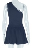 Black Sexy Solid Color Backless Oblique Collar Sleeveless Dresses