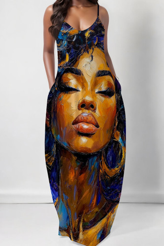 Blue Casual Print Pocket Patchwork Spaghetti Strap Sling Dresses