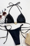 Black Sexy Solid Color Patchwork Strap Design Swimwears