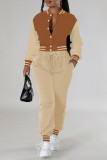 Brown Casual Pocket Buckle Patchwork Contrast O Neck Long Sleeve Two Pieces