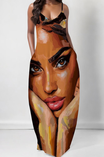 Light Brown Casual Print Pocket Patchwork Spaghetti Strap Sling Dresses