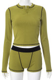 Green Casual Buttons Patchwork Contrast O Neck Long Sleeve Two Pieces