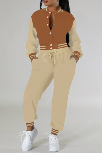 Brown Casual Pocket Buckle Patchwork Contrast O Neck Long Sleeve Two Pieces