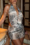 Silver Gray Sexy Print Backless Halter Wrapped Skirt Dresses