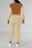 Brown Casual Pocket Buckle Patchwork Contrast O Neck Long Sleeve Two Pieces