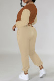 Brown Casual Pocket Buckle Patchwork Contrast O Neck Long Sleeve Two Pieces