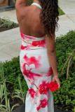 White Pink Elegant Print Patchwork Backless Halter Two Pieces