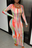 Gold Casual Striped Print Basic U Neck Long Sleeve Dresses