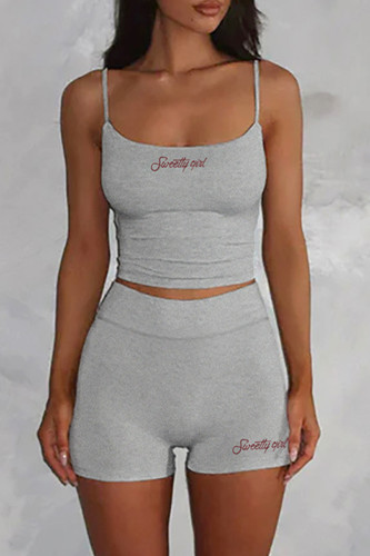 Grey Casual Letters Patchwork Spaghetti Strap Sleeveless Two Pieces