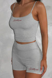Grey Casual Letters Patchwork Spaghetti Strap Sleeveless Two Pieces