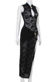 Black Sexy Solid Color Lace Hollow Out High Slit O Neck Long Dresses