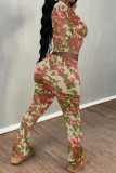 Stripe Street Geometric Print Flowers Leopard Contrast O Neck Long Sleeve Two Pieces