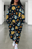 Green Casual Street Floral Print Leopard Draw String Pocket O Neck Long Sleeve Two Pieces