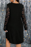 Black Casual Solid Color Lace Patchwork V Neck Long Plus Size Dresses
