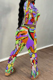 Stripe Street Geometric Print Flowers Leopard Contrast O Neck Long Sleeve Two Pieces
