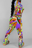Stripe Street Geometric Print Flowers Leopard Contrast O Neck Long Sleeve Two Pieces