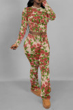 Stripe Street Geometric Print Flowers Leopard Contrast O Neck Long Sleeve Two Pieces