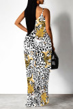 Orange Sexy Floral Print Leopard Pocket Contrast V Neck Printed Dresses