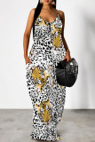 Orange Sexy Floral Print Leopard Pocket Contrast V Neck Printed Dresses